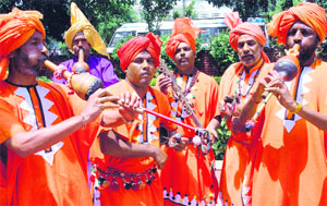 Haryanvi folk instrumentalists perform during a folk music workshop at the Punjab Kala Bhavan in Chandigarh on Monday.