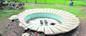 A broken fountain inside is a reflection of the state of affairs.