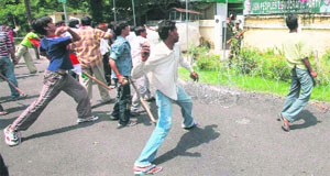 Protesters stone the PDP office in Jammu.