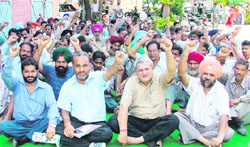 Punjab State Electricity Board employees hold a rally at the city central division in Ludhiana