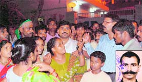 Residents of Colony No. 4 and factory workers protest in front of Bhushan Industries at the Industrial Area, Chandigarh, on Tuesday. (Inset) Chandrika Yadav