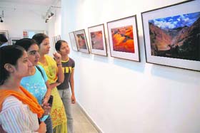 Visitors go around an exhibition put up by a Tribune photographer on World Photography Day at Punjabi University, Patiala