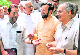 Senior BJP leaders come out from Nirvachan Sadan after meeting Election Commissioners on the issue of the forthcoming electons in New Delhi on Tuesday.