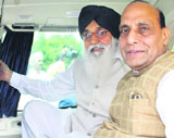 CM Parkash Singh Badal and BJP chief Rajnath Singh take off for Longowal in a chopper at Bathinda on Wednesday.