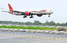 A special flight of an Air India Boeing 777 approaches the new runway 11-29 at the Indira Gandhi International (IGI) Airport in New Delhi