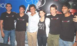 Actor, director Farhan Akthar (second from left) along with the cast of movie Rock On during its promotion in New Delhi on Thursday