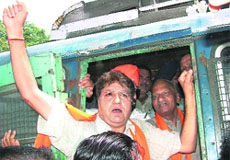 BJP state president Rajinder Bhandari along with activists of various Hindu organisations courts arrest in Ludhiana on Thursday. 