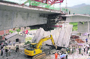 Rescue workers at the site of a collapsed railway bridge in Taizhou, Zhejiang province, in China. The bridge, which is under construction, collapsed on Thursday morning, killing two persons. 