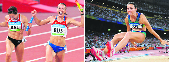 Russia's Yulia Chermoshanskaya (R) celebrates as she crosses the finish line to win the women's 4100m Relay final. Russia won ahead of Belgium and Nigeria. Right: Brazil's Maurren Higa Maggi competes during the women's long jump final. Maggi won, clearing 6.79 metres.