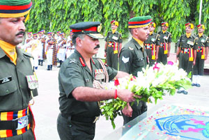GOC of Vajra Corps Lieut-Gen VS Tonk lays a wreath at the Punjab State War Memorial in Jalandhar on Saturday.