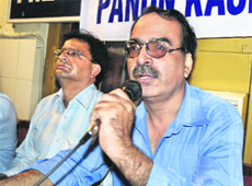 Leaders of the Panun Kashmir address mediapersons in Jammu on Saturday.  