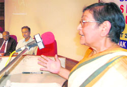 Former envoy to UN on nuclear disarmament Arundhati Ghose addresses a seminar at GND University in Amritsar