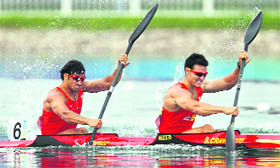 Spain's Saul Craviotto and Carlos Perez compete during the 2008 Beijing Olympic Games Men's Kayak K2 flatwater final at the Shunyi Rowing and Canoeing Park in Beijing on Saturday. Spain won the gold, Germany silver and Belarus Bronze.