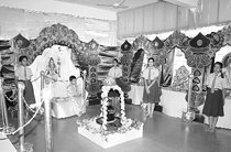Students of Manav Mangal School with the model of an Indian temple at Images 08 in Panchkula on Sunday.