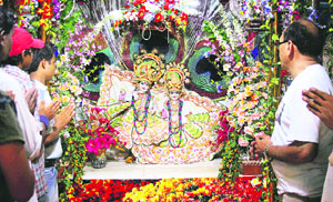 The idols of Lord Krishna and Radha brought from Brindavan at Krishna Temple, Model Town, in Ludhiana on Sunday. 