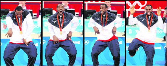 U.S. player Lebron James is pictured in this combo image as he celebrates on the podium after the U.S. defeated Spain to win the gold medal in men's basketball at the Beijing Olympic Games on Sunday.
