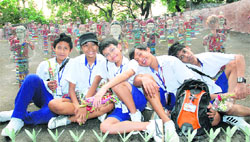 Students from Singapore in a jubilant mood during their visit to Rock Garden, Chandigarh
