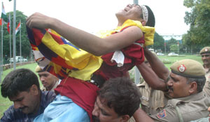 Tibetans protest against China outside the Chinese embassy in New Delhi. 