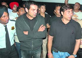 Actors Sunny and Bobby Deol, who visited the Galaxy mall to promote their film, had to wait for two hours before they could slip away from their boisterous fans in Ambala