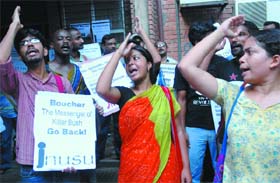 Members of Jawaharlal Nehru University Students Union (JNUSU) protest against the visit of US assistant secretary of state for South Asia Richard Boucher in New Delhi