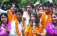 NSUI candidates campaign for the forthcoming DUSU elections in New Delhi
