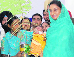 Harsimrat Kaur, wife of SAD chief Sukhbir Singh Badal, gives a sapling to a woman with a girl child while launching the Nanhi Chhaan project at the Golden Temple in Amritsar