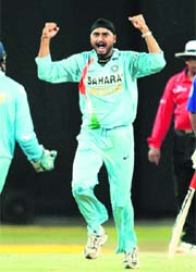 Harbhajan Singh celebrates after the dismissal of Sanath Jayasuriya