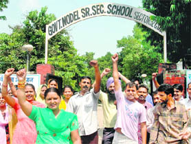 Parents protest against principal of Sector 32 government school in Chandigarh on Thursday.