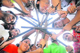 Students learn Sikh martial arts techniques during a one-month workshop at the department of Indian theatre, Panjab University, Chandigarh, on Thursday.