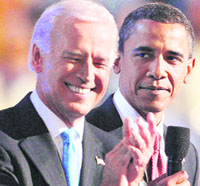 Democratic presidential nominee US Senator Barack Obama and vice-presidential nominee US Senator Joe Biden appear onstage at the 2008 Democratic National Convention in Denver, Colorado, on Wednesday. 