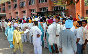Applicants make a beeline outside the Suwidha Centre, Gidderbaha, on Friday. 