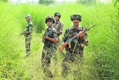Soldiers search for militants in the Ratnuchak area on the outskirts of Jammu on Friday.