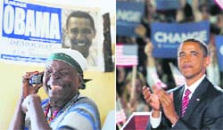 Mama Sarah Obama, grandmother of US Democratic presidential candidate Barrack Obama, laughs as she receives congratulatory messages at her home in Kogelo, 422 km from Nairobi, soon after her grandson gave an acceptance speech at the Democratic National Convention in Denver; and (right) Obama applauds as he arrives to accept his party's nomination