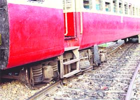A derailed coach of the 2 DR passenger train at Rohtak station