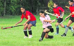 A match between Khalsa College for Women and Government College in progress on the occasion of the birth anniversary of hockey legend Dhyan Chand in Ludhiana