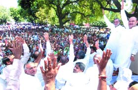 Congress MP Sajjan Kumar, Delhi MLA Mukesh Sharma and other senior party leaders at the mahapanchayat of unauthorised colonies at Parliament Street in New Delhi