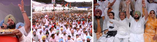 (From left) Former CM Captain Amarinder Singh addressing the rally at Lambi village in Muktsar district on Monday; a massive crowd gathered at the rally to hear Congress leaders; Jagmeet Singh Brar, Ambika Soni, PPCC president Mohinder Singh Kaypee, Congress campaign committee chairman Amarinder Singh and CLP leader Rajinder Kaur Bhattal holding hands, put up a united front at the rally