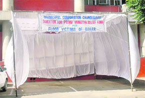 A deserted relief camp for flood victims of Bihar at the office of the MC in Chandigarh on Monday.