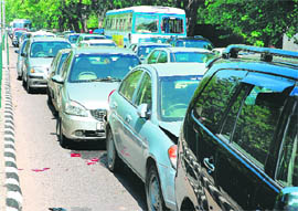 A traffic jam that followed a pile up at the road separating sectors 22 and 23 in Chandigarh on Monday.
