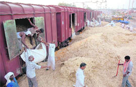 Fodder being sent by gram panchayats of Karnal district to flood-hit Bihar in Karnal on Monday.