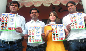 NSUI candidates release their election manifesto for DUSU elections at a press conference in New Delhi 