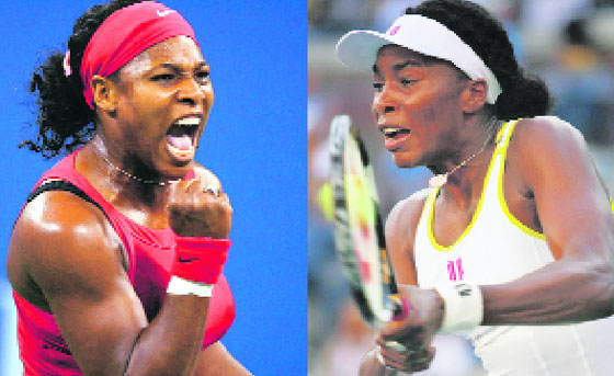 Serena Williams of the USA reacts during her clash with Severine Bremond of France during Day 8 of the U.S. Open on Monday; and right: Venus Williams of the USA hits a return shot to Agnieszka Radwanska of Poland the U.S. Open on Monday.  AFP photos