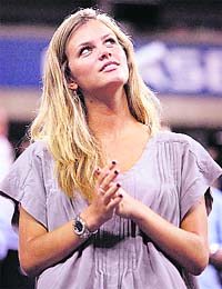 Brooklyn Decker, fiancee of Andy Roddick, celebrates his win against Fernando Gonzalez of Chile at the U.S. Open tennis tournament