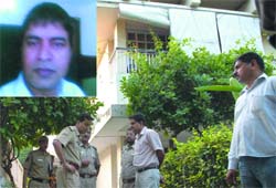Police officials at the Maharani Bagh house of Mohammed Syed Abbas (inset) who allegedly killed his wife and daughter and tried to commit suicide in New Delhi