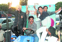 Navjot Singh Sidhu with crew of Mera Pind  My Home in Ludhiana on Thursday.