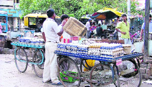 Eggs being sold despite an official ban on marking Ahimsa Day in Ludhiana on Thursday.