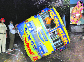 A bus that tipped over at Madanpura Chowk in Mohali on Friday; and (inset) one of the injured students.
