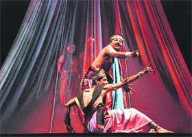 Artistes perform a play Karan Katha durng the National Drama Festival at Indradhanush Auditorium