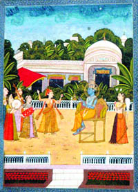 The smallest of figures in a Rajasthani miniature is not obscured in the composition