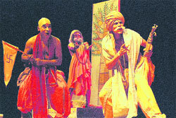 Artistes perform "Bhagwat Jajukan" during the National Drama Festival at Indradhanush Auditorium